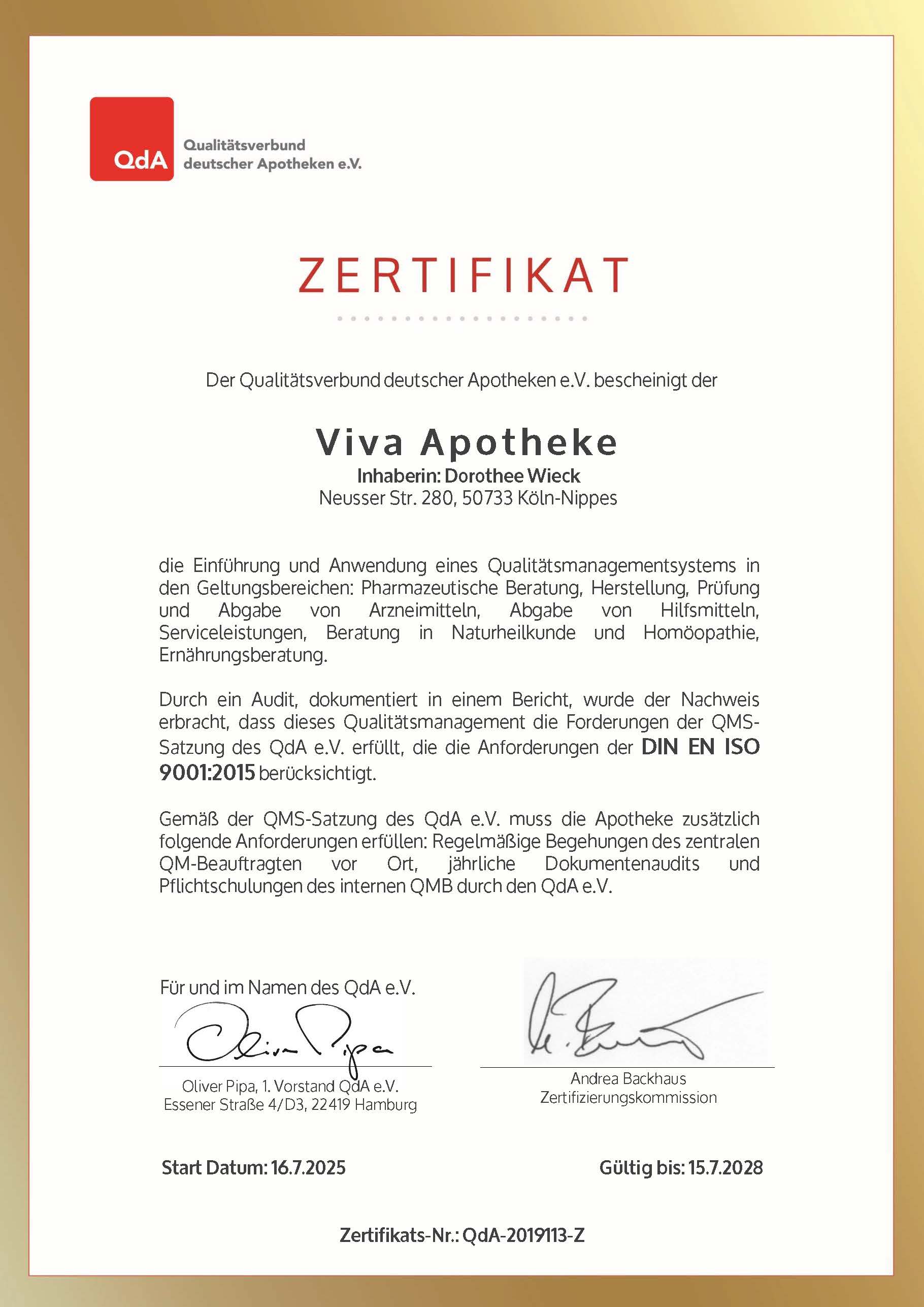 Zertifikat QdA e.V. Viva Apotheke Köln 2025